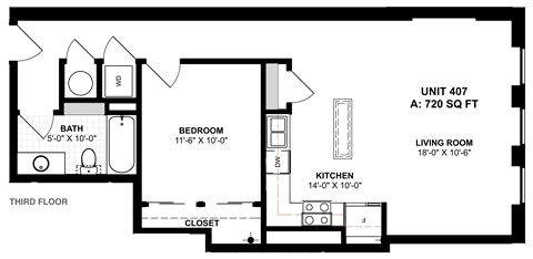 Floor plan for 1 bed, 1 bath